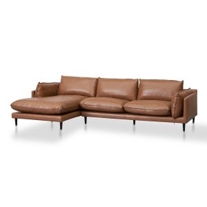 4 Seater Left Chaise Leather Sofa - Caramel Brown